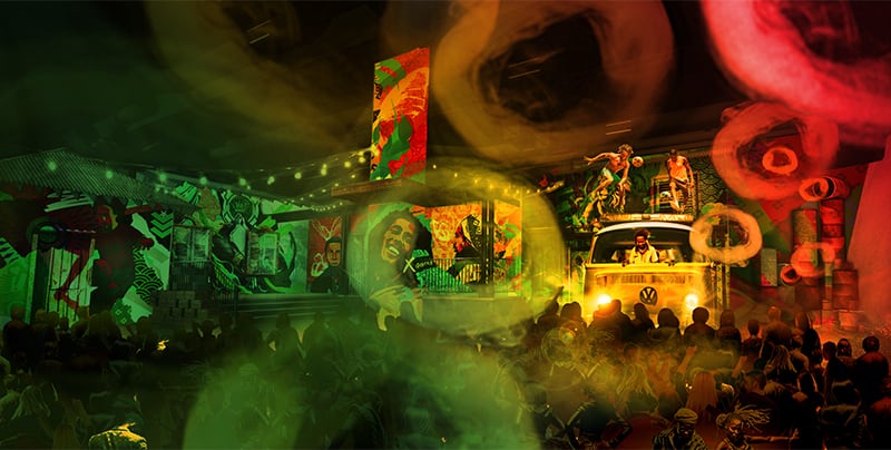 Psychedelic scene at Trench Town with graffiti and a yellow van surrounded by colorful lights and mist.