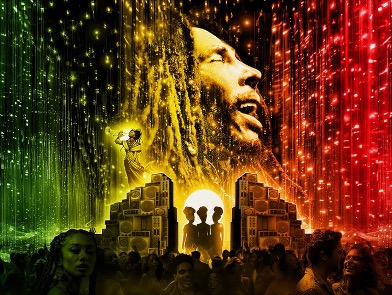 Bob Marley silhouette above speakers and three singers
