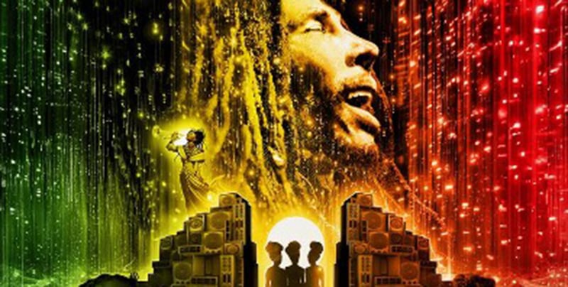 Bob Marley silhouette above speakers and three singers